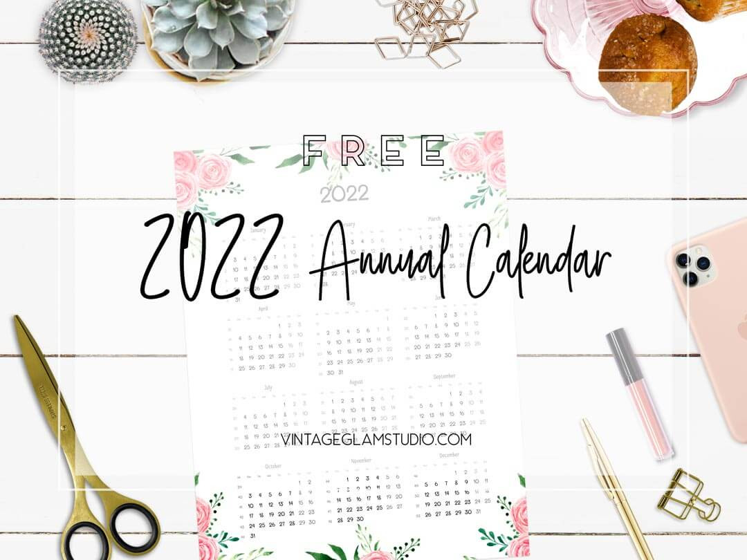 Watercolor Annual Calendar 2022 - Free Printable  8 1/2 X 11 Printable Calendar 2022