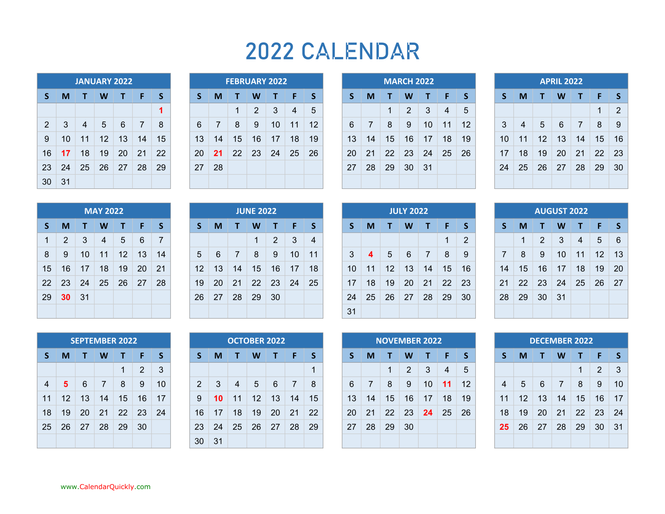 Year 2022 Calendars | Calendar Quickly  Free Printable 2022 Yearly Calendar Templates