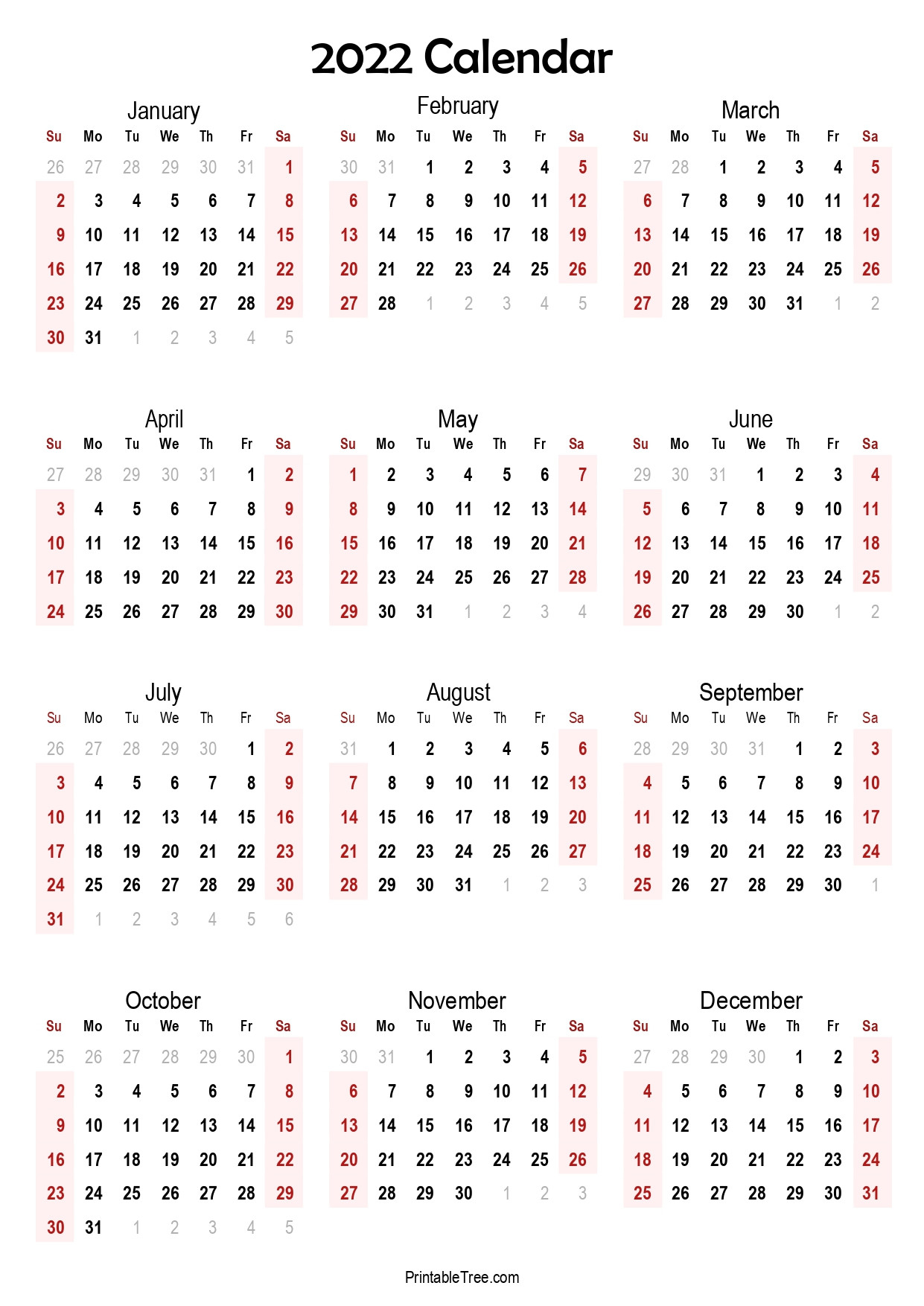 Yearly 2022 Printable Calendar One Page : 2022 Holiday  Free Calendar Design Template 2022