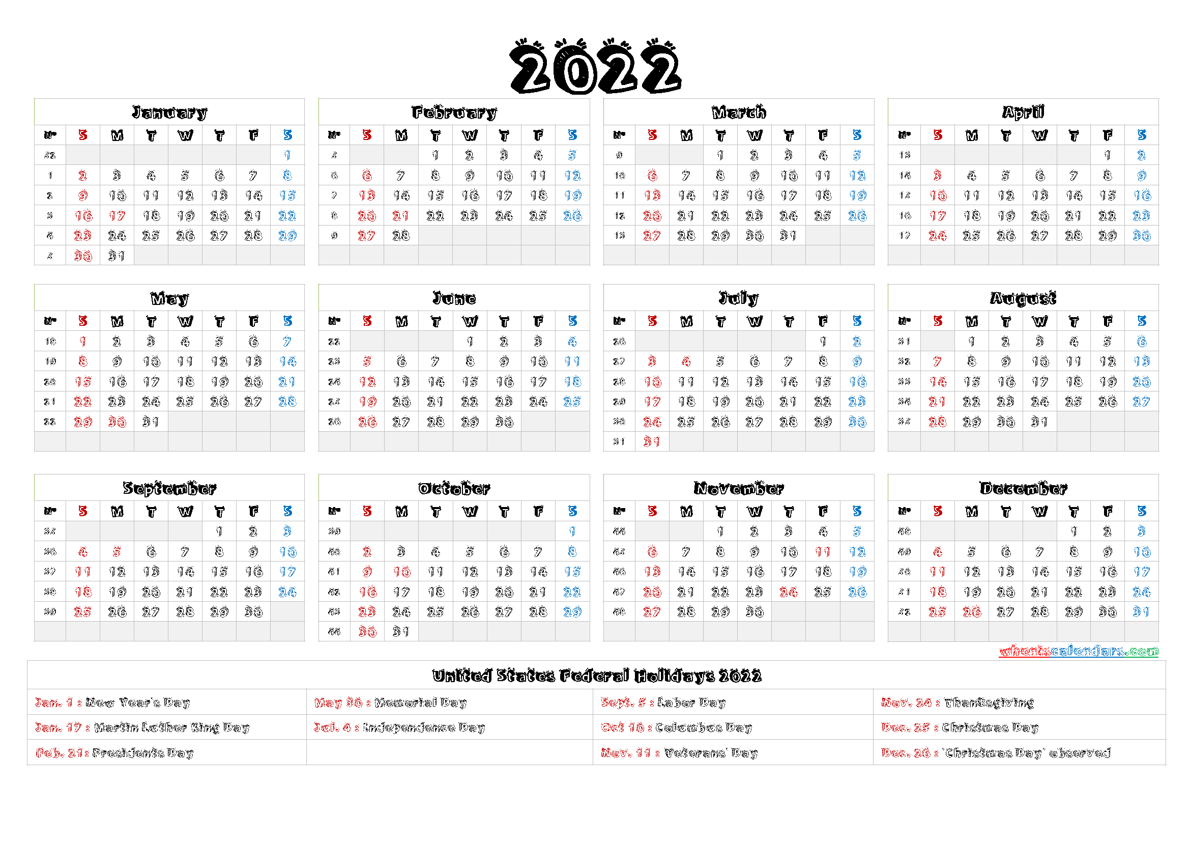 Yearly 2022 Printable Calendar One Page - One Page 2022  Calendar 2022 Zambia Download