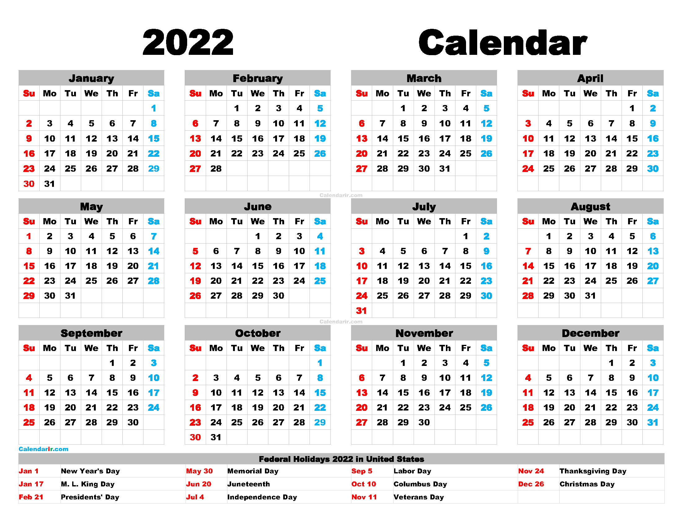Yearly 2022 Printable Calendar One Page - One Page 2022  Printable Calendar 2022 Single Page