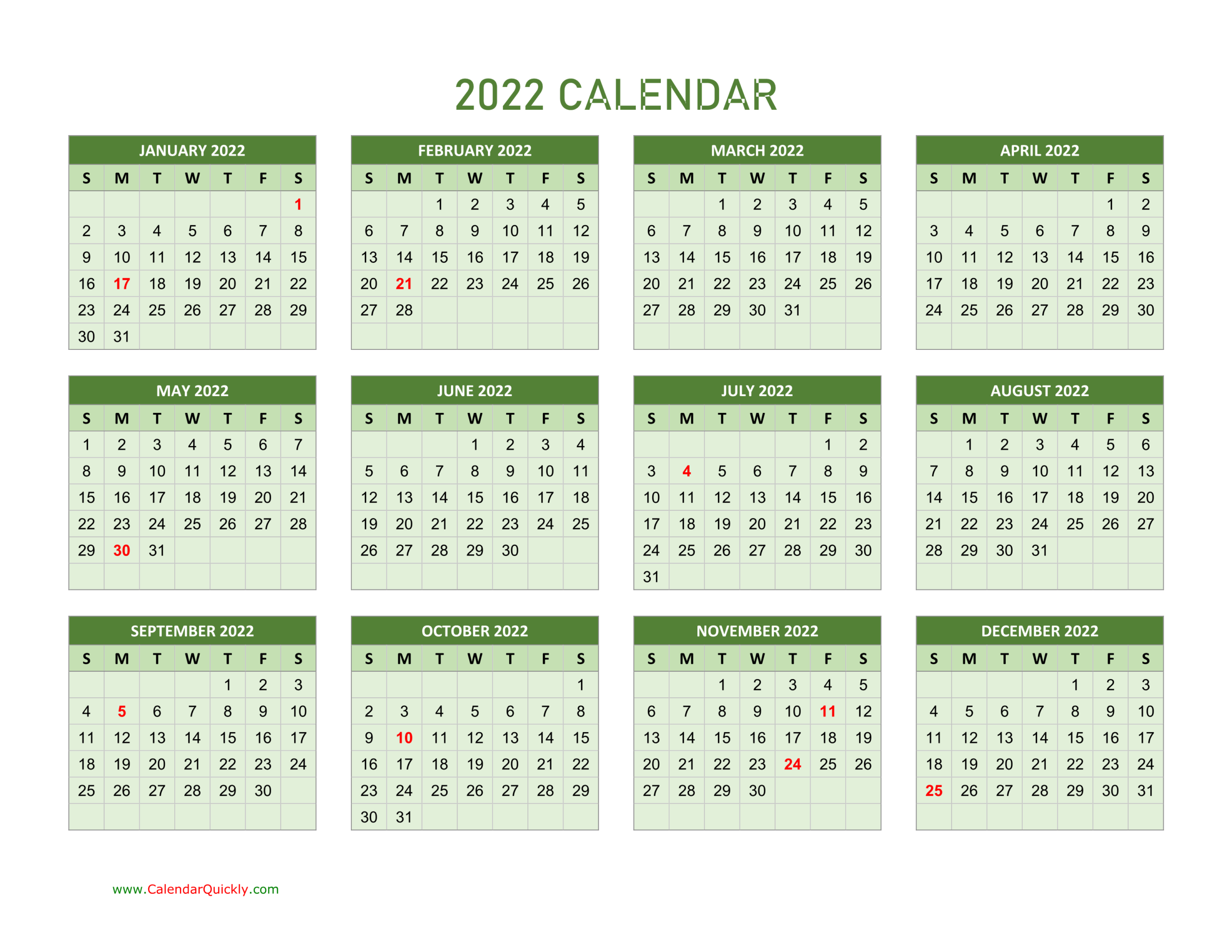 Yearly Calendar 2022 | Calendar Quickly  Free 2022 Calendar Printable Pdf