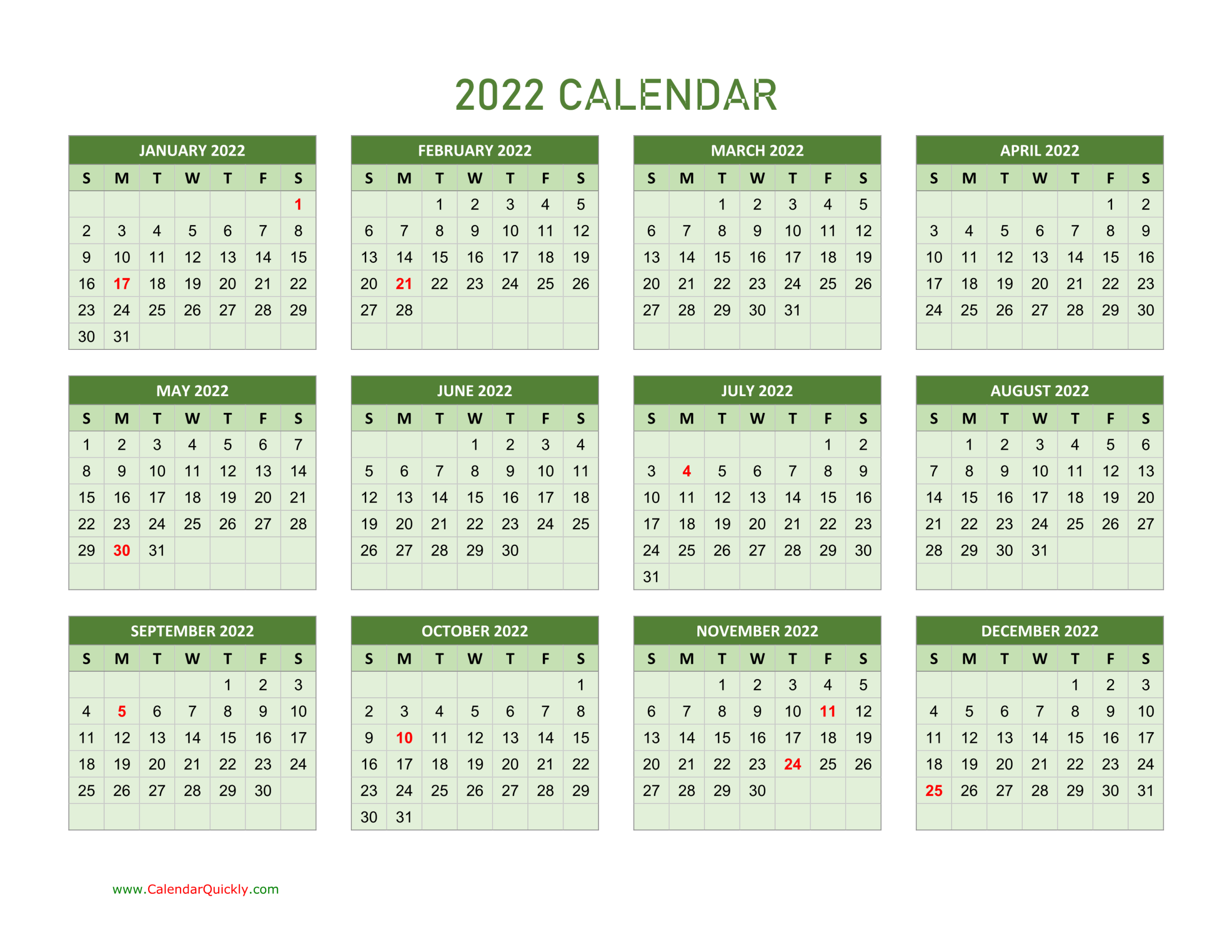 Yearly Calendar 2022 | Calendar Quickly  Free Printable Calendar 2022 Quarterly