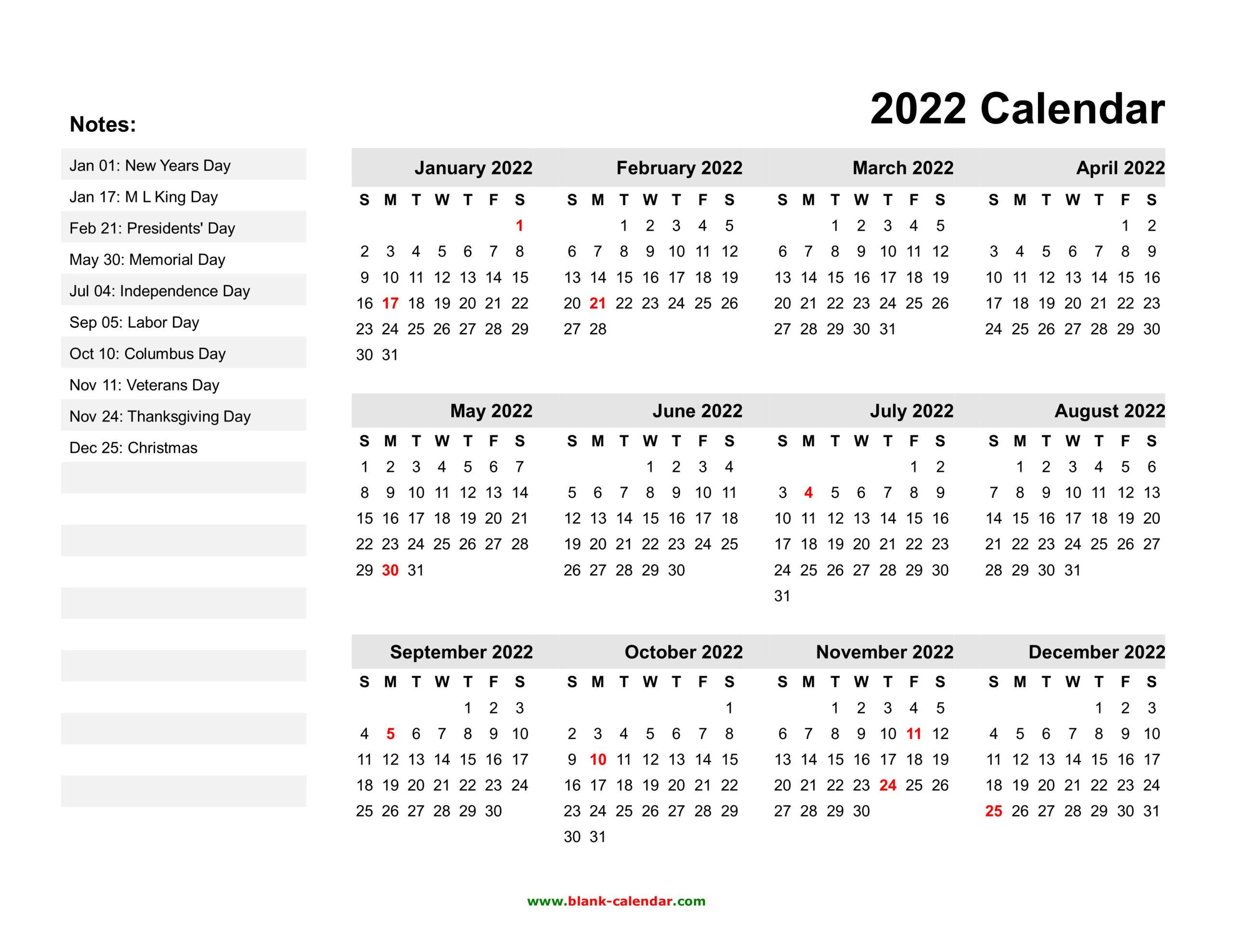Yearly Calendar 2022 | Free Download And Print  Pdf Template Free Printable Printable Printable 2022 And 2022 Calendar