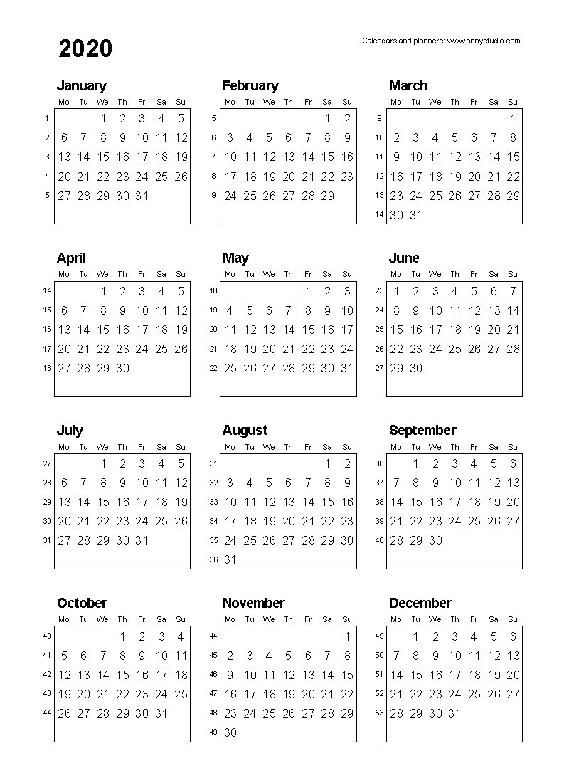 Yearly Monday To Sunday Calendar 2020 With Week Numbers  2022 Calendar Printable Monday To Sunday