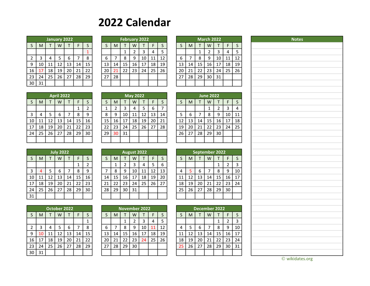 Yearly Printable 2022 Calendar With Notes | Wikidates  2022 Calendar Printable Holidays