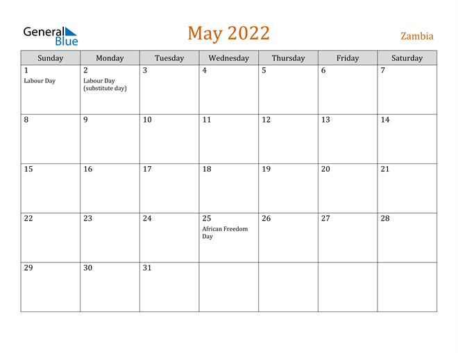 Zambia May 2022 Calendar With Holidays  Calendar For May Of 2022