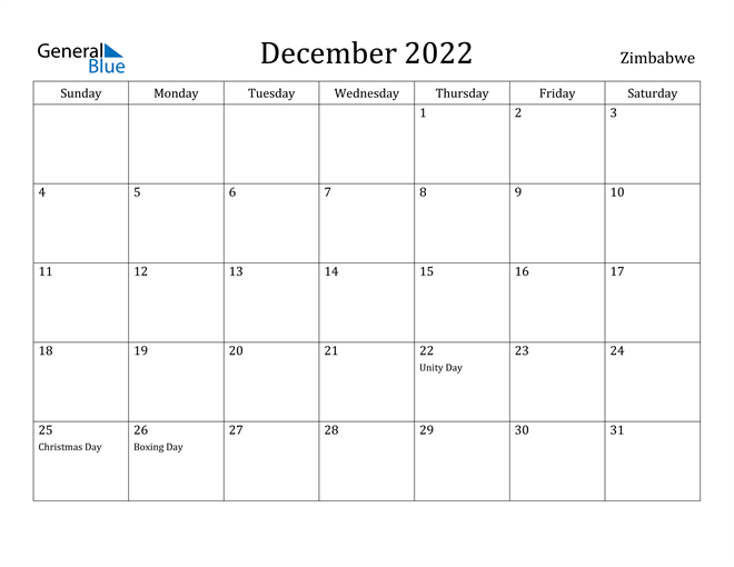 Zimbabwe December 2022 Calendar With Holidays  December 2022 To May 2022 Calendar